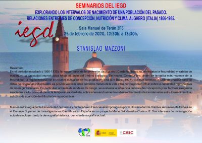 Exploring the birth intervals of a population from the past. Relations between conception month, nutrition and climate. Alghero (Italy) 1866-1935. CCHS-CSIC. (Madrid), 25  February 2020.